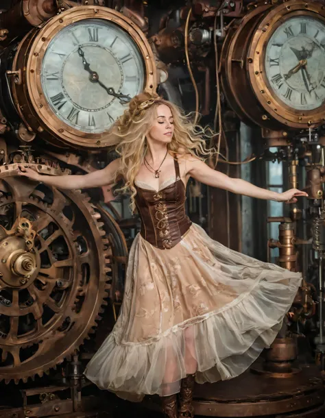 araffe woman in a dress and boots standing in front of a clock