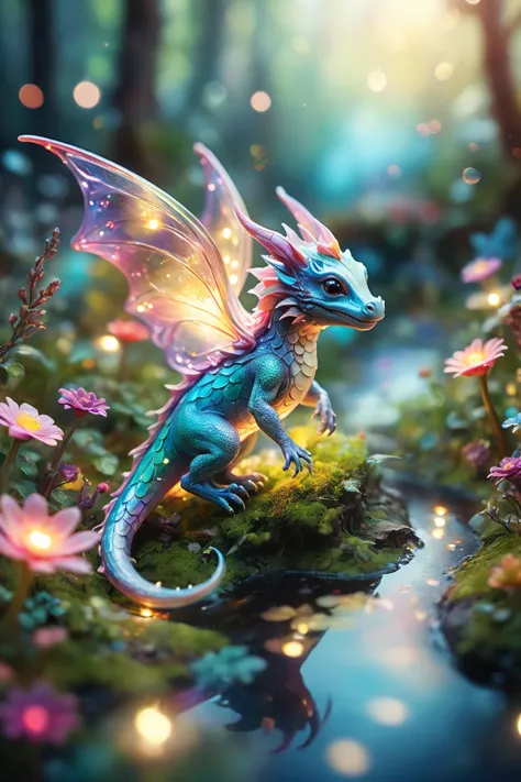 ethereal fantasy concept art of . magnificent,celestial,ethereal,painterly,epic,majestic,magical,fantasy art,cover art,dreamy,animal flower garden,Tiny fairy dragon in tilt-shift landscape,(tiny:1.4),(fairy dragon:1.6),miniature,vibrant colors,(tilt-shift:1.5),whimsical,magical,glowing,ethereal,translucent wings,hovering,(sparkles:1.3),enchanted forest,(fairy lights:1.2),dreamy atmosphere,soft focus,(detailed:0.8),(background:0.6),fairy tale,