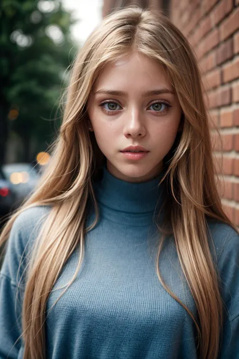 a close up of a woman with long hair standing near a brick wall