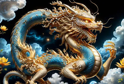 qualité incroyable, chef-d&#39;œuvre, Meilleure qualité, hyper détaillé, Anatomie parfaite, ultra détaillé, UHD, profondeur de champ,
Bijoux en or en forme de dragon chinois, ciel étoilé, nuage,
ral-bling,
