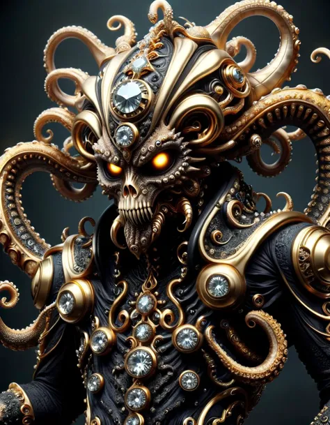 Trends auf ArtStation, Nahaufnahme, Betrachter betrachten, war monster (Tentakelarme:1.5) Schwarzgold- und Diamant-Oktopus-Zauberer mit (Abonnieren:1.3) Körperpanzerrobe und Ral-Bling Dunkler Lord Rüstung aus Ral-Frctlgmtry (Monsterkopf:1.8) 