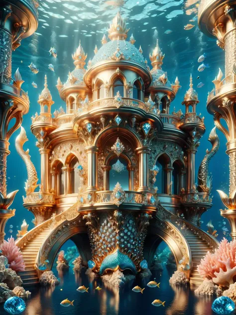 <lora:ral-bling-sdxl:1> A majestic underwater palace built from coral encrusted with ral-bling, mermaid royalty gliding through glittering currents.