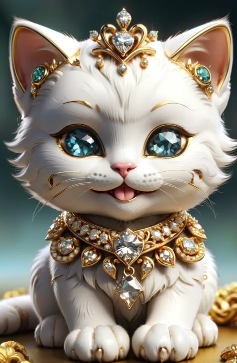 calidad increíble, obra maestra, mejor calidad, hiper detallado, ultra detallado, HD, profundidad de campo, 
peludo, esponjoso, un gatito real, sonrisa, lindo, kawaii,
Este extraordinario gatito exuda un aire de opulencia con sus lujosos accesorios. Adornado con joyas de oro y piedras preciosas exquisitas, este compañero felino personifica la sofisticación y el refinamiento. Su collar brilla con diamantes ornamentados, mientras pequeños amuletos de oro cuelgan elegantemente, refleja su excepcional estatus. con cada movimiento elegante, el gatito lleva un aura de nobleza, un símbolo pequeño pero deslumbrante de extravagancia y prestigio.
ral-bling,
