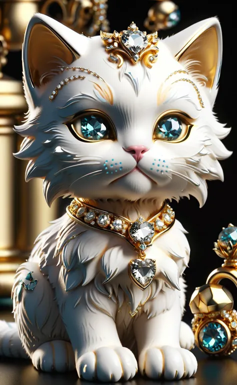 calidad increíble, obra maestra, mejor calidad, hiper detallado, ultra detallado, HD, profundidad de campo, 
peludo, esponjoso, un gatito real,
Este extraordinario gatito exuda un aire de opulencia con sus lujosos accesorios. Adornado con joyas de oro y piedras preciosas exquisitas, este compañero felino personifica la sofisticación y el refinamiento. Su collar brilla con diamantes ornamentados, mientras pequeños amuletos de oro cuelgan elegantemente, refleja su excepcional estatus. con cada movimiento elegante, el gatito lleva un aura de nobleza, un símbolo pequeño pero deslumbrante de extravagancia y prestigio.
ral-bling,
