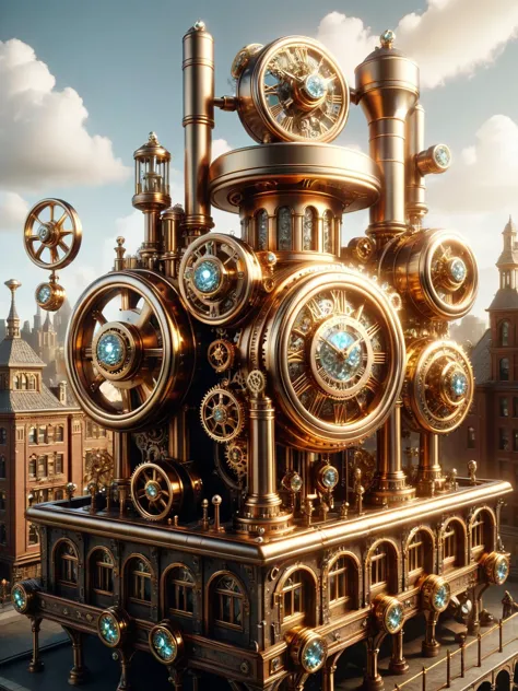 Una ciudad steampunk donde los engranajes giran con un ral-bling y las sirenas de vapor suenan como campanas musicales.