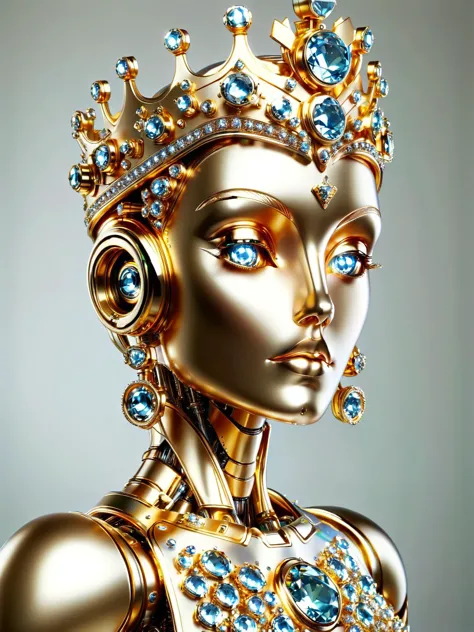 a gold robot with blue eyes and a crown on its head