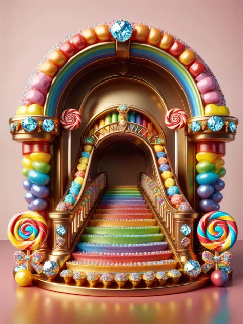 Un pont arc-en-ciel de bonbons avec des rails de sucettes et des arches en forme de boule de gomme, menant à un coffre au trésor débordant de bonbons ral-bling.