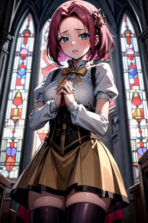 anime girl in a church with a stained window in the background