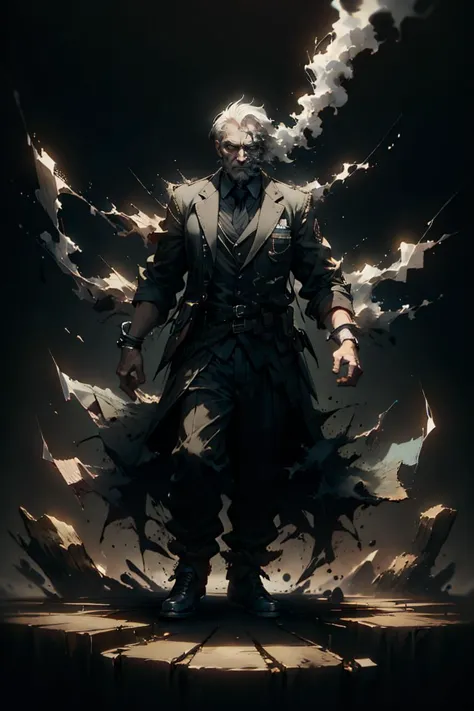 an old man, full body, full shot, disolving into black smoke, sadistic expression,  ral-dissolve, dramatic lighting