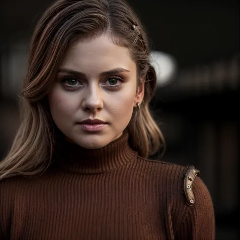 arafed woman with a brown turtle neck sweater and a gold ring