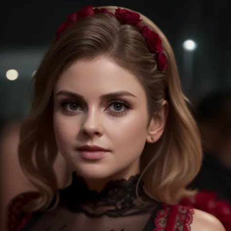 Photo of a woman wearing a (long black formal dress with off shoulder and red lace trim, glitter, subtle make-up), standing on red carpet ((at night)),  paparazzi, Flashbulbs, crowded audience in Background, long blonde hair,  looking into the camera, posing for the camera,(laughing), rosemciver, <lyco:RoseMcIver:1.0>, (masterpiece, best quality, ultra-detailed, best shadow), high contrast, (best illumination), ((cinematic light)), colorful, hyper detail, dramatic light, intricate details, (1 girl, solo) , ultra detailed artistic photography, dreamy, backlit, shadows, ultra high definition, 8k, ultra sharp focus, ultra high quality model, soft lighting, film photography, analogue photography, hyperrealism,, ((sharp face, detailed face, realistic face, naturtal skin, realistic skin, detailed skin, pores, detailed eyes,realistic eyes)),