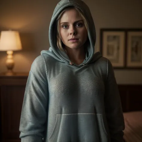 a woman in a hoodie standing in a bedroom next to a bed