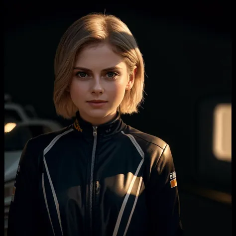 racing jumpsuit,  formula 1 pilot, standing next to a racing car, in front of the camera, Cowboy Shot, Two Shot, Deep Focus, smiling, rosemciver, <lyco:RoseMcIver:1.0>, (masterpiece, best quality, ultra-detailed, best shadow), high contrast, (best illumination), ((cinematic light)), colorful, hyper detail, dramatic light, intricate details, (1 girl, solo) , ultra detailed artistic photography, dreamy, backlit, shadows, ultra high definition, 8k, ultra sharp focus, ultra high quality model, soft lighting, film photography, analogue photography, hyperrealism,