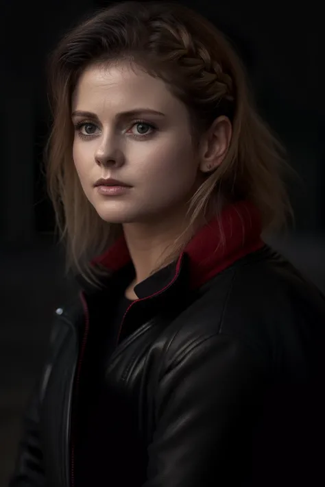 a close up of a woman in a black jacket and red collar