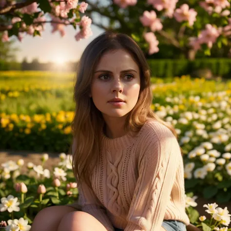 professional photo shoot of an adult woman, wearing a (long sweater, subtle make-up, long hair), ((sitting in a beautiful blooming flower garden)), spring, daylight, sunrise, natural colors, insane details, rosemciver, <lyco:RoseMcIver:1.0>, (masterpiece, best quality, ultra-detailed, best shadow), high contrast, (best illumination), ((cinematic light)), colorful, hyper detail, dramatic light, intricate details, (1 girl, solo) , ultra detailed artistic photography, dreamy, backlit, shadows, ultra high definition, 8k, ultra sharp focus, ultra high quality model, soft lighting, film photography, analogue photography, hyperrealism,