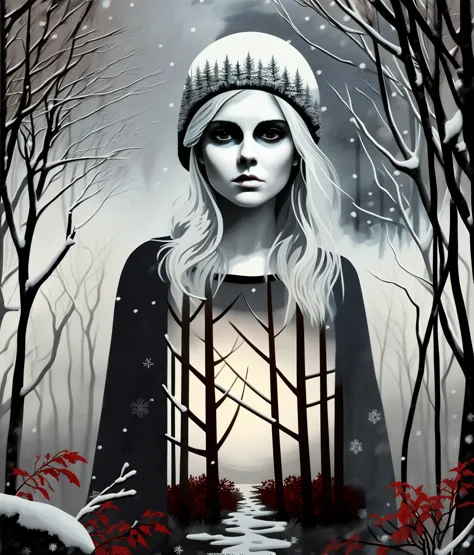 rosemciver, <lyco:RoseMcIver:1.0>, vector art, fall vegetation, abandoned threads, pagan priestess, winter, snow, looking at viewer, grunge art, dramatic atmosphere, fog, dim light, muted colors,oil painting,