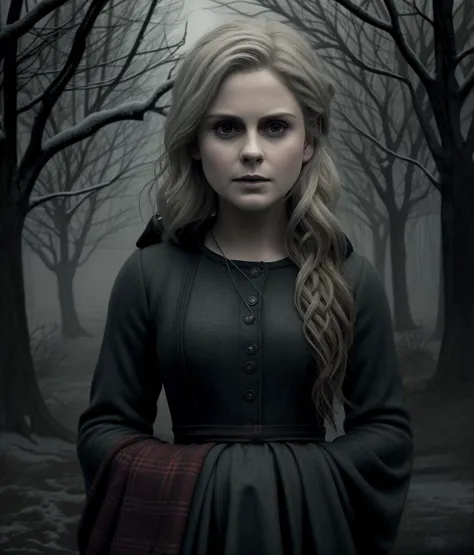 rosemciver, , vector art, fall vegetation, abandoned threads, pagan goddess, winter, snow, looking at viewer, grunge art, dark atmosphere, fog, dim light, muted colors,oil painting,<lyco:RoseMcIver:1.0>