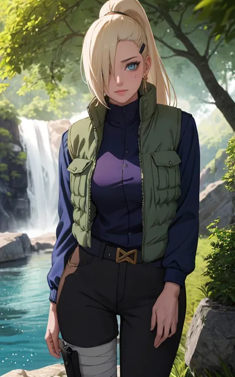 Jacket_InoYamanaka_ownwaifu,
1girl, blonde hair, hair over one eye, blue eyes, high ponytail,  ponytail, long hair, hairclip, hair ornament, earrings,  
vest, green vest, black pants, thigh pouch, bandaged leg, blue shirt, long sleeves, 
<lora:NARUTO_Kunoichi_InoYamanaka_ownwaifu:0.7> ,
((masterpiece)),((best quality)),(highres), bokeh, depth_of_field, day, tree shade, sunlight, scenery, rock, waterfall, looking at viewer, solo, cowboy shot,