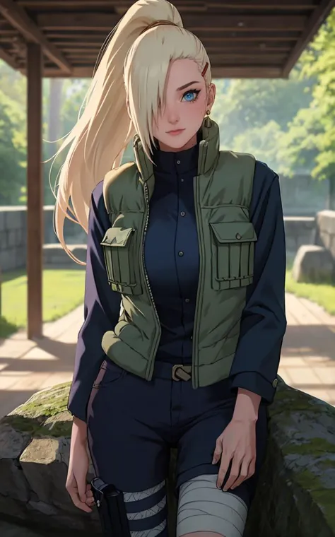 Jacket_InoYamanaka_ownwaifu,
1girl, blonde hair, hair over one eye, blue eyes, high ponytail,  ponytail, long hair, hairclip, hair ornament, earrings,  
vest, green vest, black pants, thigh pouch, bandaged leg, blue shirt, long sleeves, 
((masterpiece)),((best quality)),(highres), bokeh, depth_of_field, day, tree shade, sunlight, scenery, rock, waterfall, looking at viewer, solo, cowboy shot,