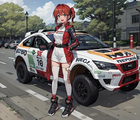 anime girl standing next to a car on a city street