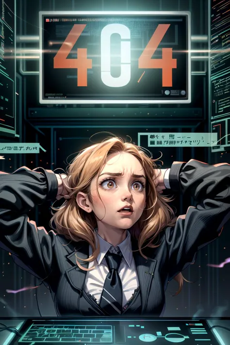 (best quality, artwork:1.3), an office girl, office shirt, hands behind head, (tousled hair:1.4), (surprised:1.4), tie, long sle...