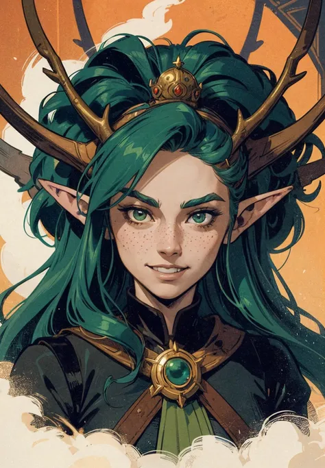 a drawing of a woman with green hair and horns