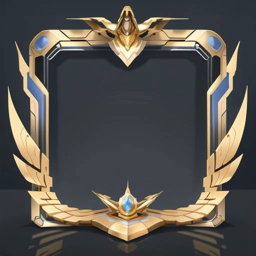 clean dark background, Avatar frame , symmetry, (top center decoration:0.2), (faux wingechanical-like graphic textures, near future,honor,european style,gold and silver, class medal structure, phoenix shape graphic, golden material,  light  blue|inlaid gemstones,