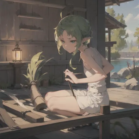 anime girl sitting on a bench with a cane in front of a house