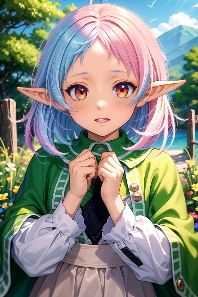 masterpiece, best quality, sylm, 1girl, solo, pointy ears, elf, white hair, ahoge, white dress, cape, green capelet, red eyes,long hair, long sleeves, outdoors background,, BREAK (masterpiece:1.2), best quality, high resolution, unity 8k wallpaper, (illustration:0.8), extremely detailed face, perfect lighting, extremely detailed CG, (perfect hands, perfect anatomy), (masterpiece, best_quality, ultra-detailed, immaculate:1.3), epic, illustration, render, 