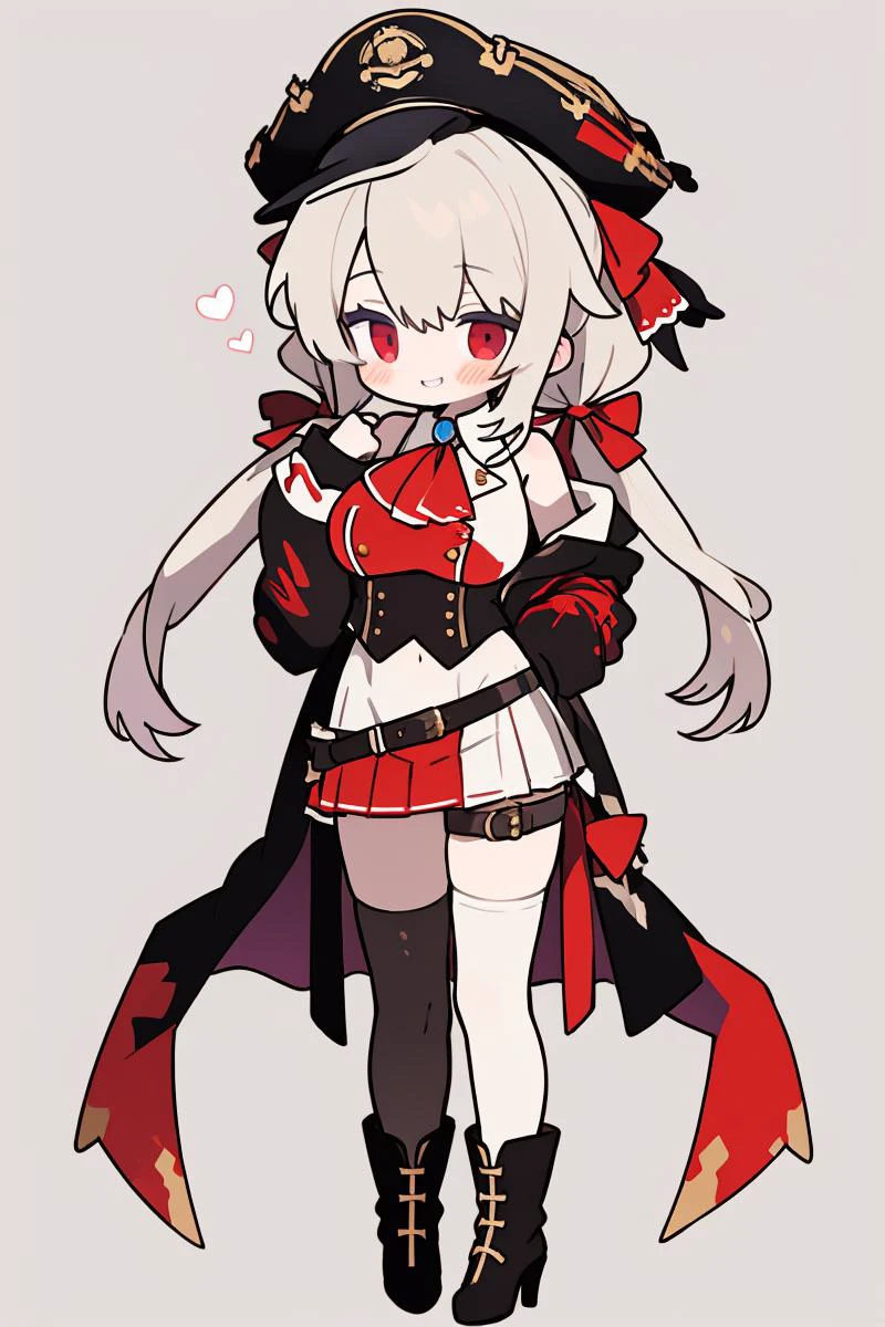 1girl, solo, virtual youtuber, houshou marine, thighhighs, hat, eyepatch, black hair, twintails, breasts, skirt, red eyes, pirate hat, white background, smile, sleeves past fingers, full body, high heels, long hair, looking at viewer, simple background, coat, red skirt, sleeves past wrists, pleated skirt, boots, belt, miniskirt, off shoulder, black coat, ribbon, bicorne, large breasts, sleeveless, high heel boots, brown footwear, jewelry, arrow through heart, see-through, black thighhighs, black headwear, hair ribbon, epaulettes, bangs, leotard, ascot, lace-trimmed legwear, brown belt, pirate, red ribbon, see-through leotard, blush, grin, gold trim, bare shoulders, jacket, standing, leotard under clothes, brown thighhighs, leather boots, lace trim, zettai ryouiki 