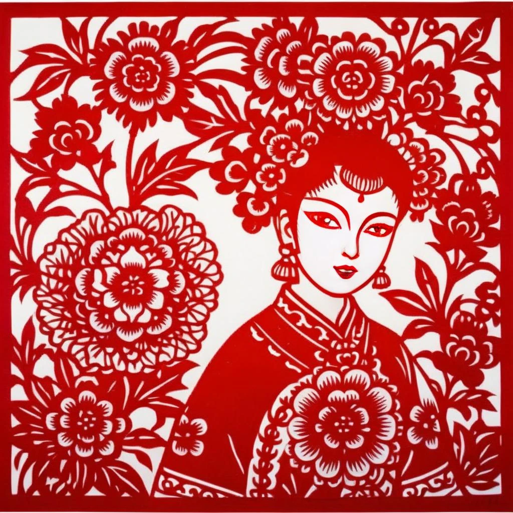 이미지는 빨간색과 흰색으로 된 전통 중국 종이 컷 예술 작품입니다.. 작품의 중앙에는 눈에 띄게 복잡한 헤어스타일을 한 여성이 묘사되어 있습니다., 꽃무늬가 가득한. 그녀의 얼굴 특징은 큰 사이즈로 세밀하게 묘사되어 있습니다., 해맑은 눈빛과 달콤한 미소. 여성복에도 정교한 패턴이 포함되어 있습니다., 붉은색이 강렬한 느낌을 주면서, 흰색 배경과 생생한 대비. 작품에, 