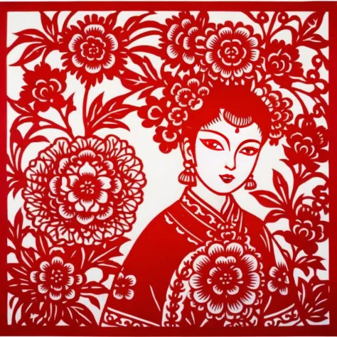 Das Bild zeigt ein traditionelles chinesisches Papierschnittkunstwerk in Rot und Weiß. Im Mittelpunkt des Kunstwerks steht eine Frau mit einer auffallend komplizierten Frisur, gefüllt mit Blumenmustern. Ihre Gesichtszüge sind detailliert mit großen, strahlende Augen und ein süßer, lächelnder Ausdruck. Auch das Damenoutfit beinhaltet aufwendige Muster, mit dem roten Farbton, der einen starken, lebendiger Kontrast zum weißen Hintergrund. Zum Kunstwerk, 