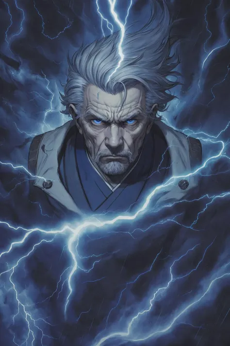 a close up of a man with a lightning bolt in his hair