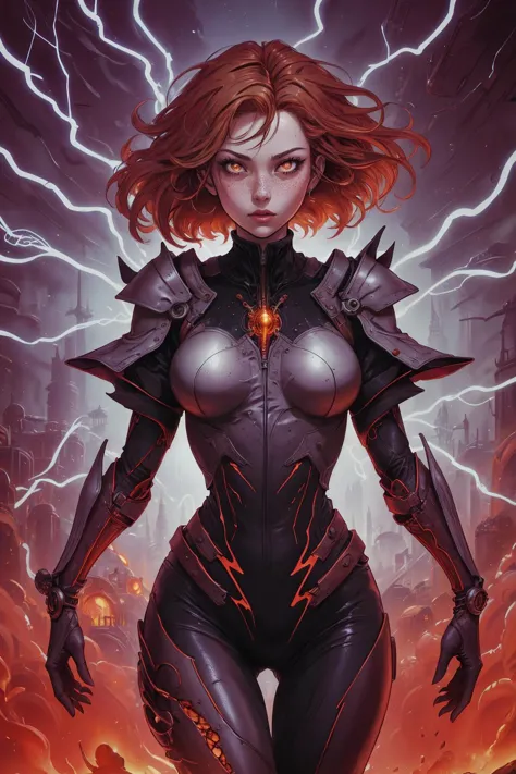 a woman in armor standing in front of a lightning storm