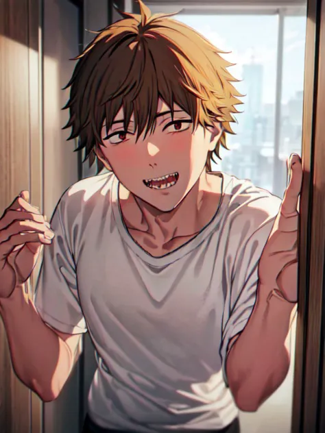 anime boy with brown hair and white shirt standing in front of a window