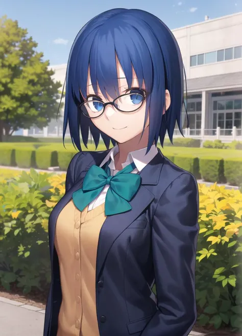 1girl, upper body, looking at viewer, standing, black jacket, blazer, blue hair, bow, bowtie, collared shirt, glasses, green bow...