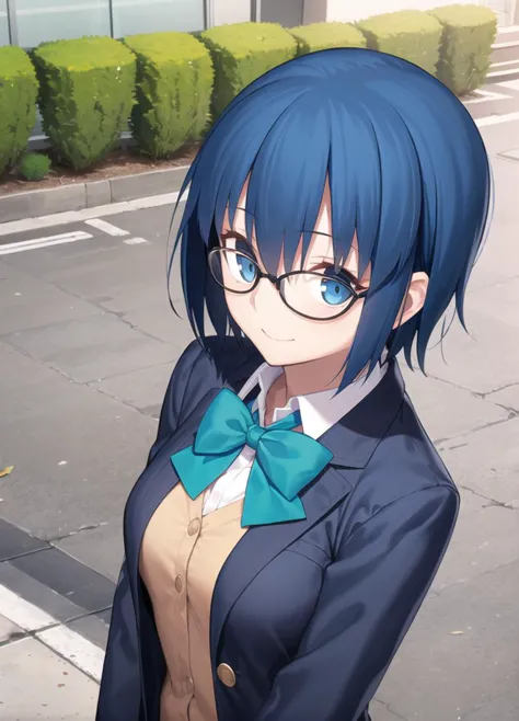 1girl, upper body, looking at viewer, standing, black jacket, blazer, blue hair, bow, bowtie, collared shirt, glasses, green bow...