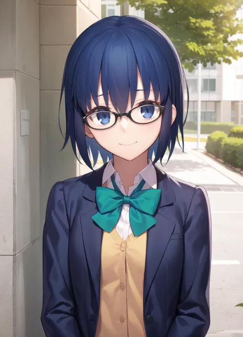 1girl, upper body, looking at viewer, standing, black jacket, blazer, blue hair, bow, bowtie, collared shirt, glasses, green bow...