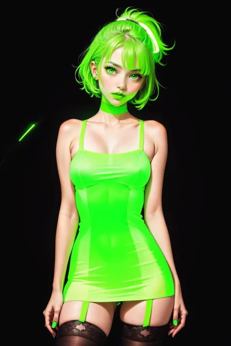 1girl, (glowing neon green lipstick, glowing neon green dress, glowing neon green thighhighs), black background, <lora:lukethigh...