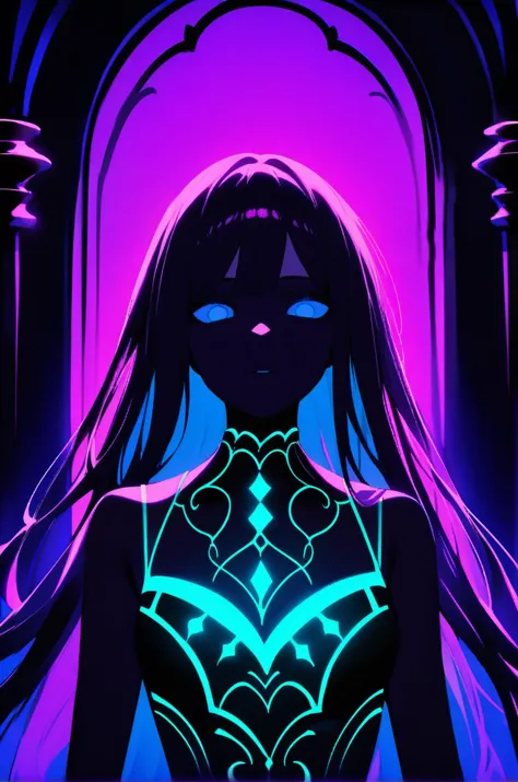 a woman with long hair and glowing eyes stands in front of a purple and blue background