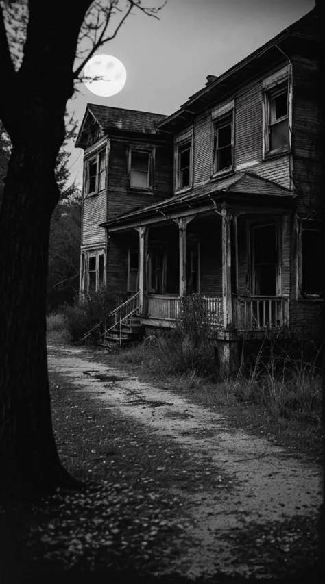 An antique, black-and-white photo, slightly blurred, showing a angry macabre ghost, full-bodied, haunting a spooky derelict hous...