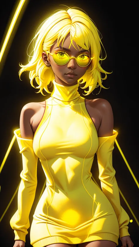 portrait, ((glowing neon yellow sunglasses)), yellow lenses, (glowing neon yellow turtleneck sweater dress), glowing neon yellow...