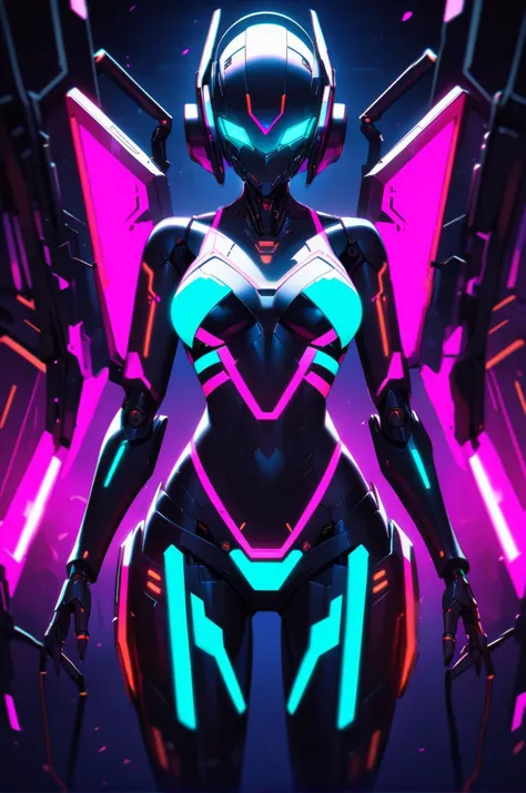 cybernetic robot 1girl,  glowing neon lingerie, black backround, . android, AI, machine, metal, wires, tech, futuristic, highly detailed