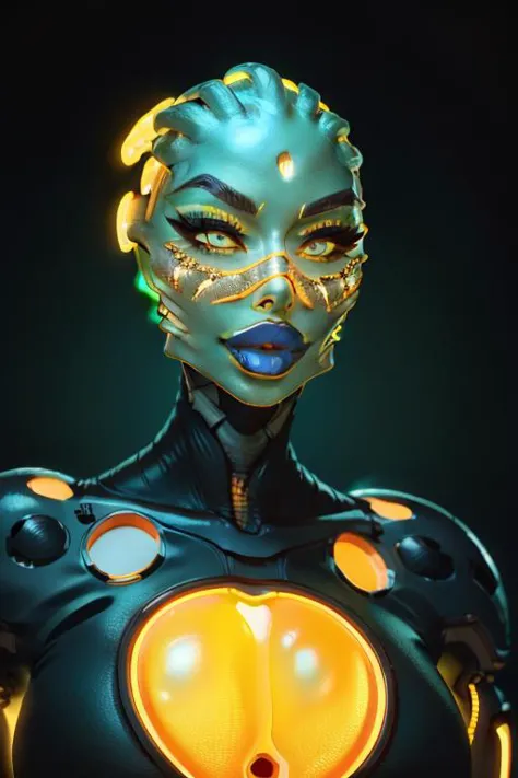 a woman in a futuristic suit with glowing eyes and a yellow nose