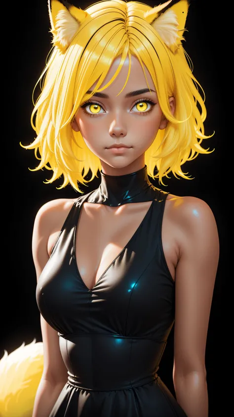 (glowing-neon-yellow-hair), fox girl, upper body portrait, 1girl, black-dress, fit girl, black background, <lora:lukethighwalker...
