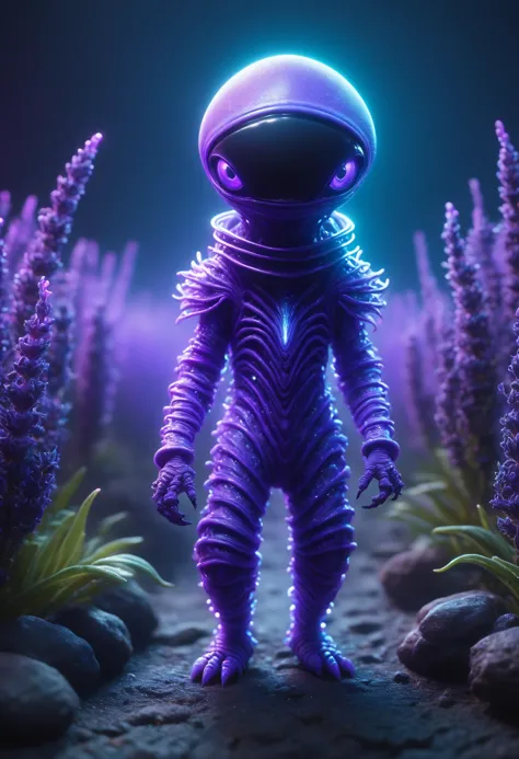 whimsical, fantasy concept art, reality-shot, realism, realistic photography of a cute alien lifeform covered with lavender, obs...