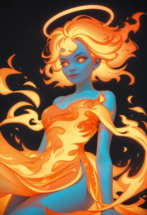 score_9_up, score_8_up, score_7_up, (glowing-neon-fire-dress), flame-print-dress, flaming dress, fire-halo, glowing-neon-orange-hair, glowing-eyes, 1girl, Pyromancy, fire magic, flames, fire, black background, 