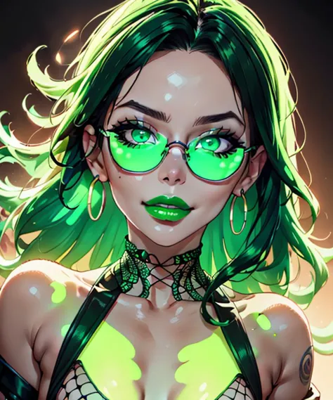 a woman with green hair and green glasses on her face