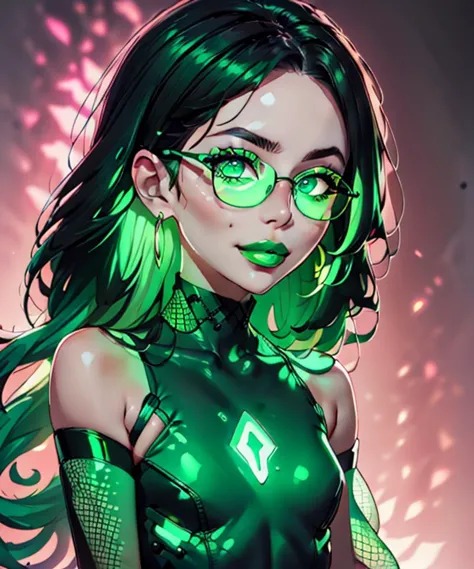 a woman with green hair and glasses in a green outfit