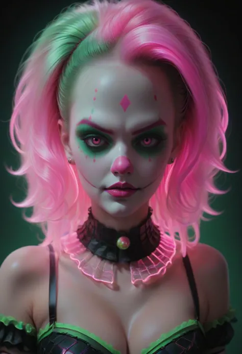 masterpiece, intricate details, digital painting of a evil clown, pink and green theme , dollstyle  <lora:lukethighwalkerneonsdx...